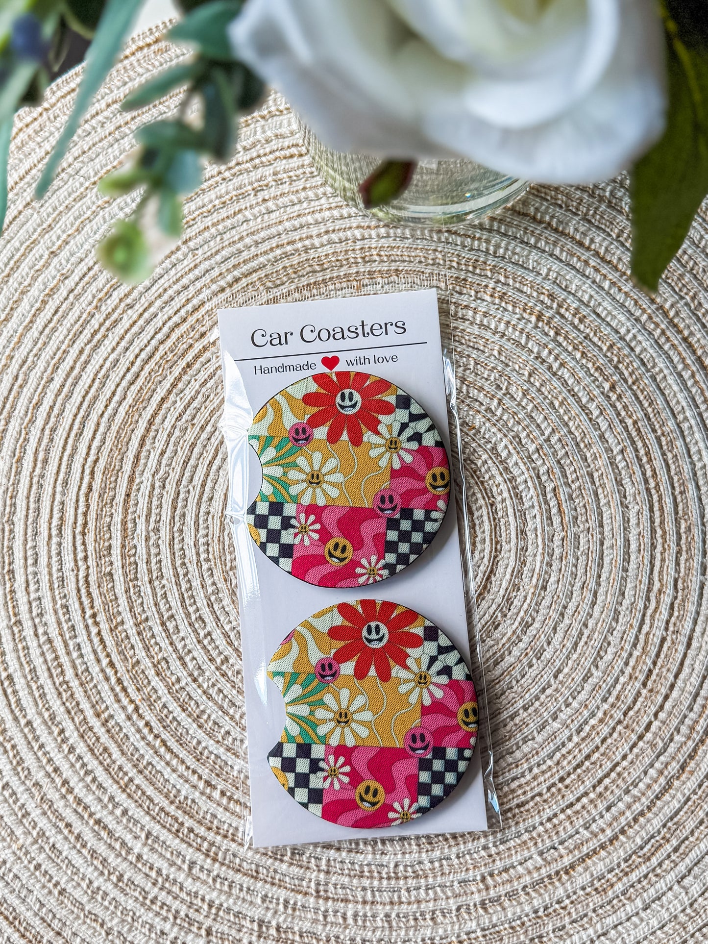 Retro Floral Smiley Car Coaster