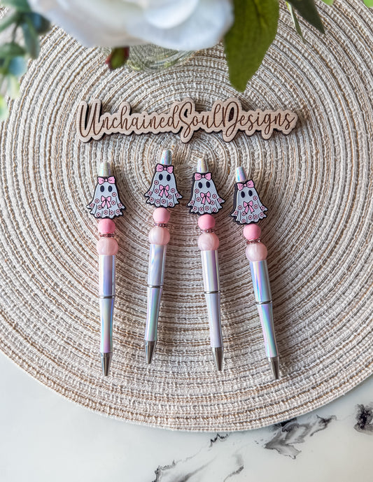 Coquette Ghost with Pink Bows| Beaded Pen