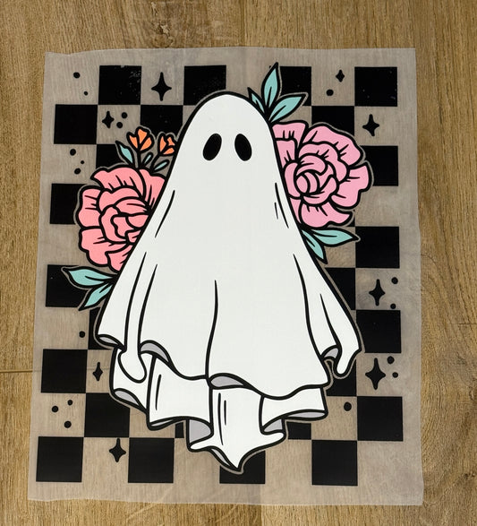Checkered Ghost with Flowers| Adult Tee