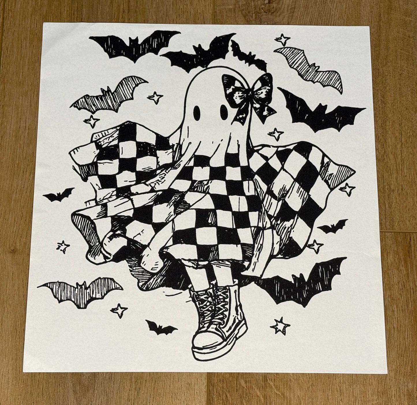 Cute Checkered Ghost with Bats| Adult Tee