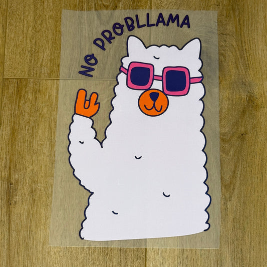 Llama screen print transfer for finished apparel.