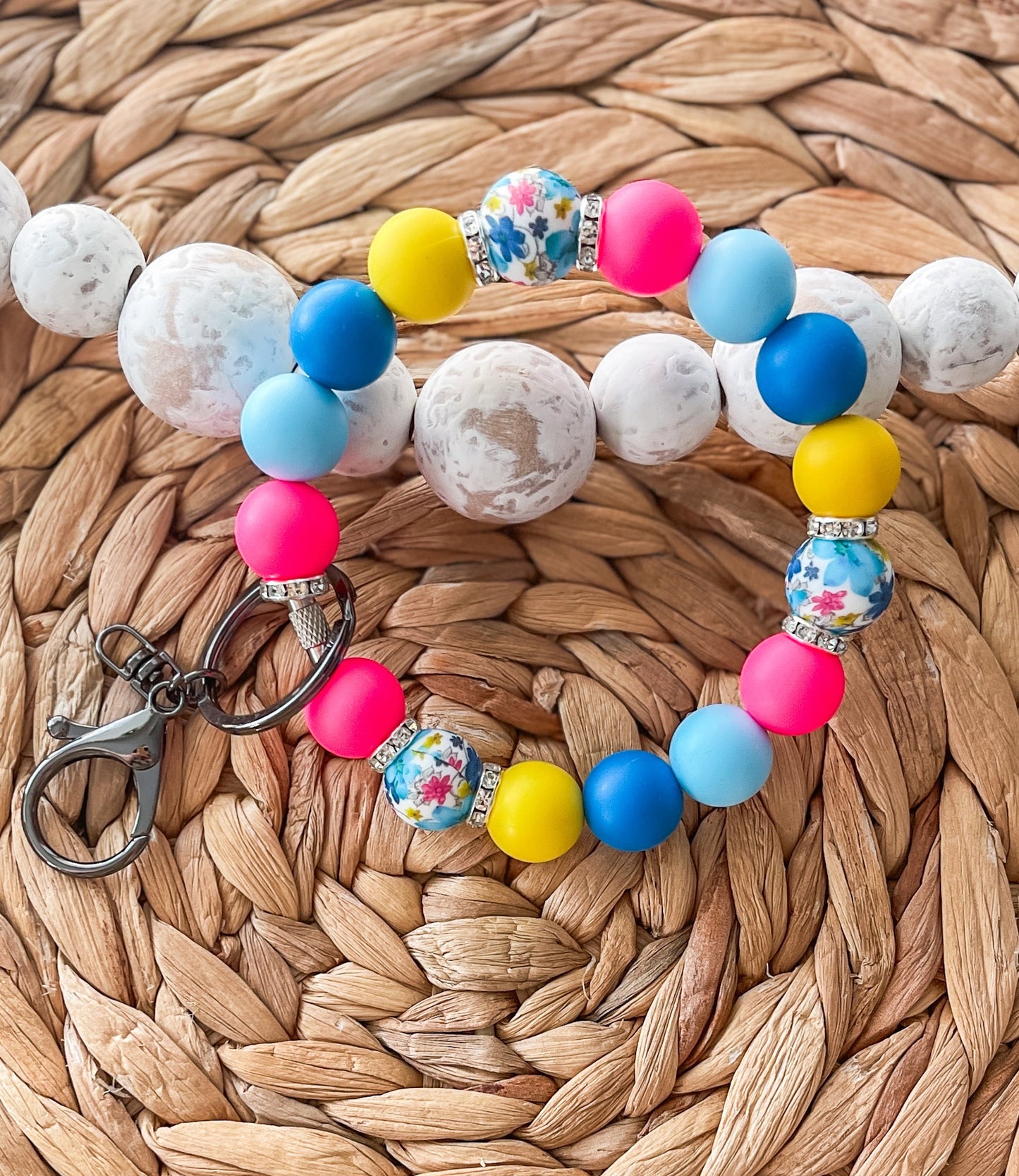 Bright Spring Floral Handmade Beaded Wristlet Keychain| Everyday Essential