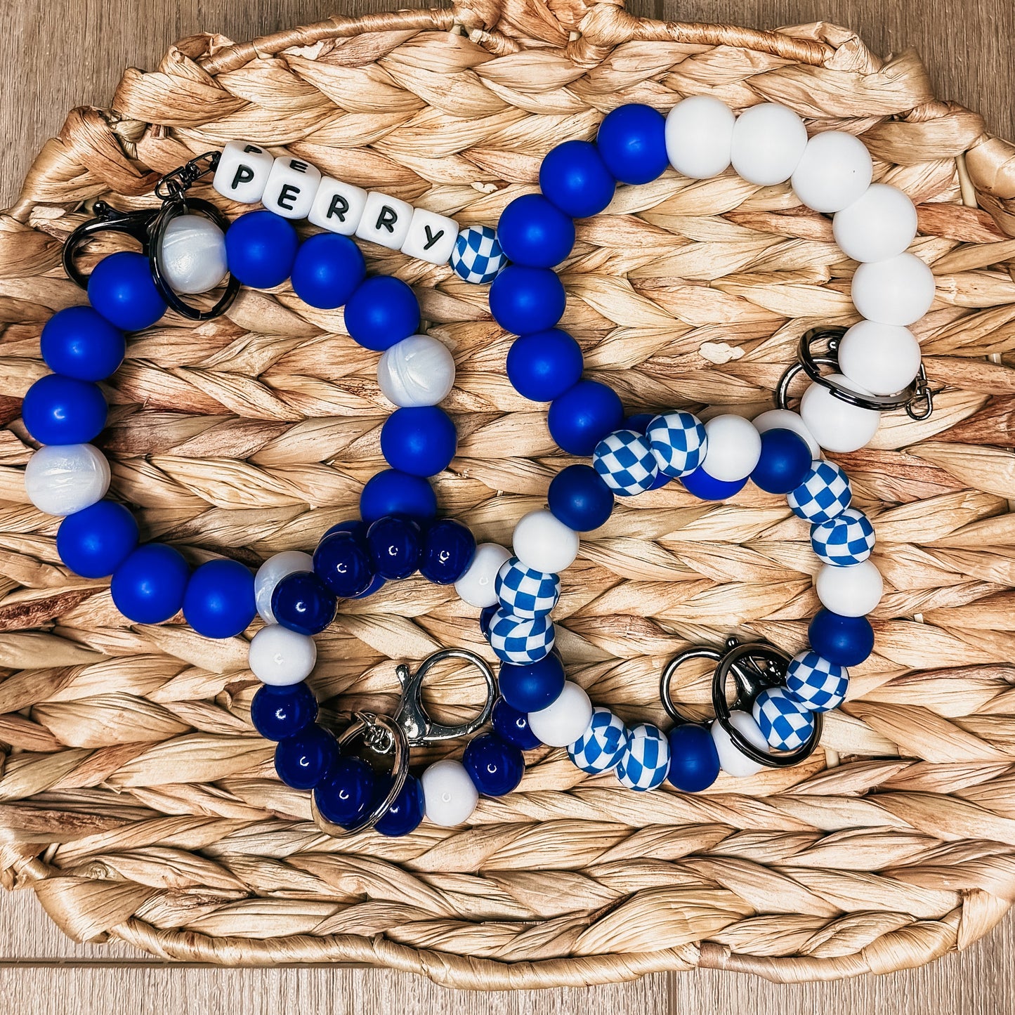 Blue & White School Colors| Handmade Beaded Wristlet Keychain