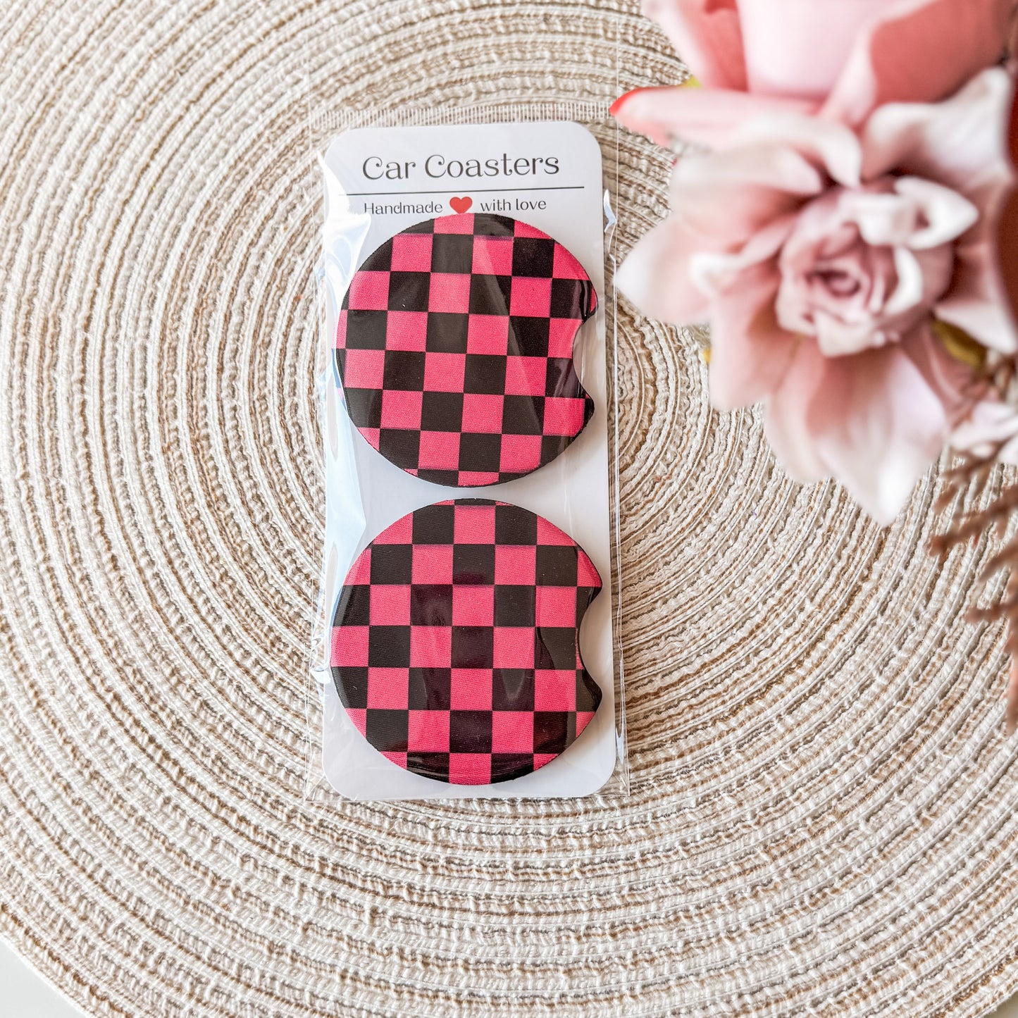 Hot Pink and Black Checkered | Car Coasters