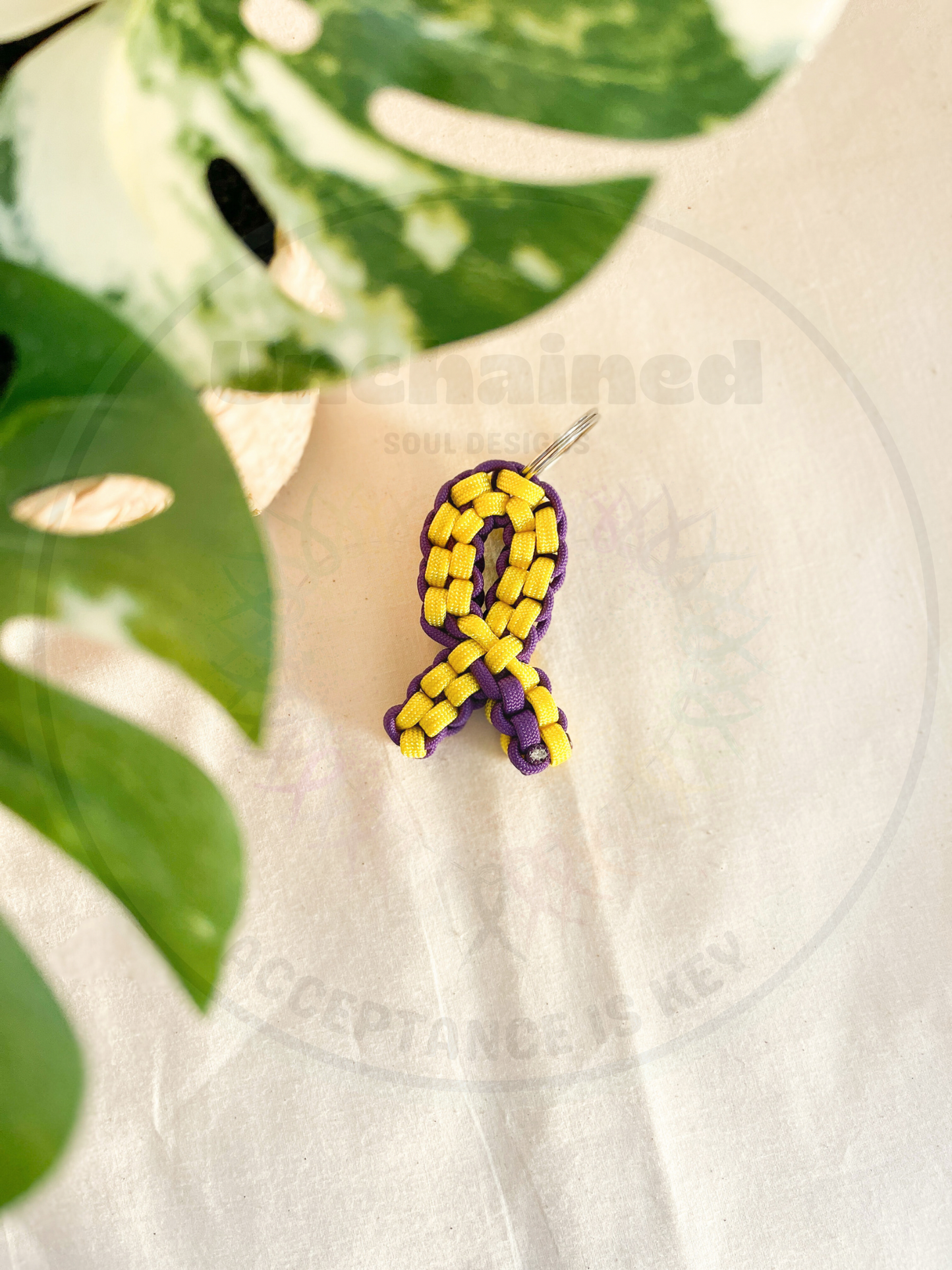 Yellow and Purple Awareness Ribbon Keychain