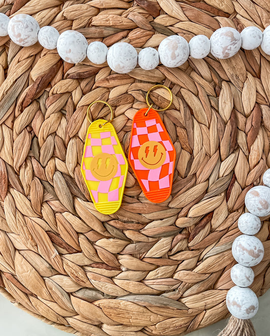 Pink Checkered with Smile Face |Motel Keychain